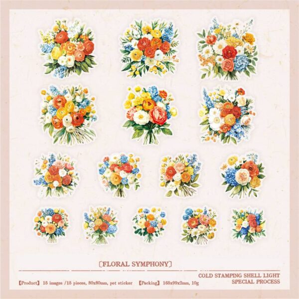 PET sticker pack Four Seasons Flowers Series flower-themed stickers 15pcs