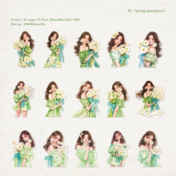 PET sticker pack Spring with you series Girls character theme 15 pieces