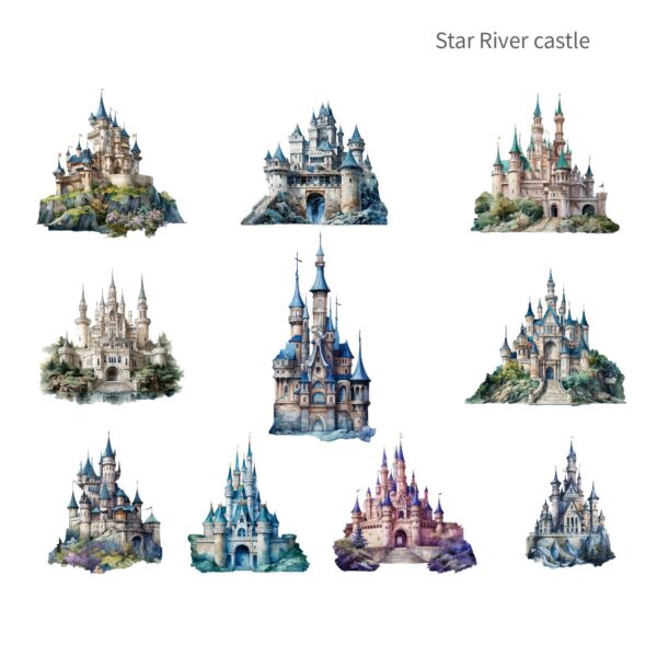 PET tiēzhǐ bāo huànjìng chéngbǎo xìliè chéngbǎo zhǔtí 20 zhāng white moon castle| star river castle| forest castle | flower castle | wisteria castle | golden leaf castle| 6 packs 144 / 5,000 PET sticker pack Fantasy Castle Series Castle theme 20 pieces