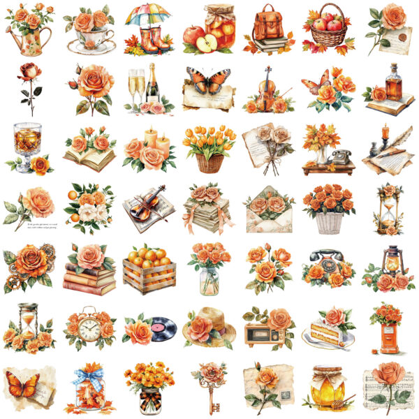 Orange Flower Theme Stickers 50pcs