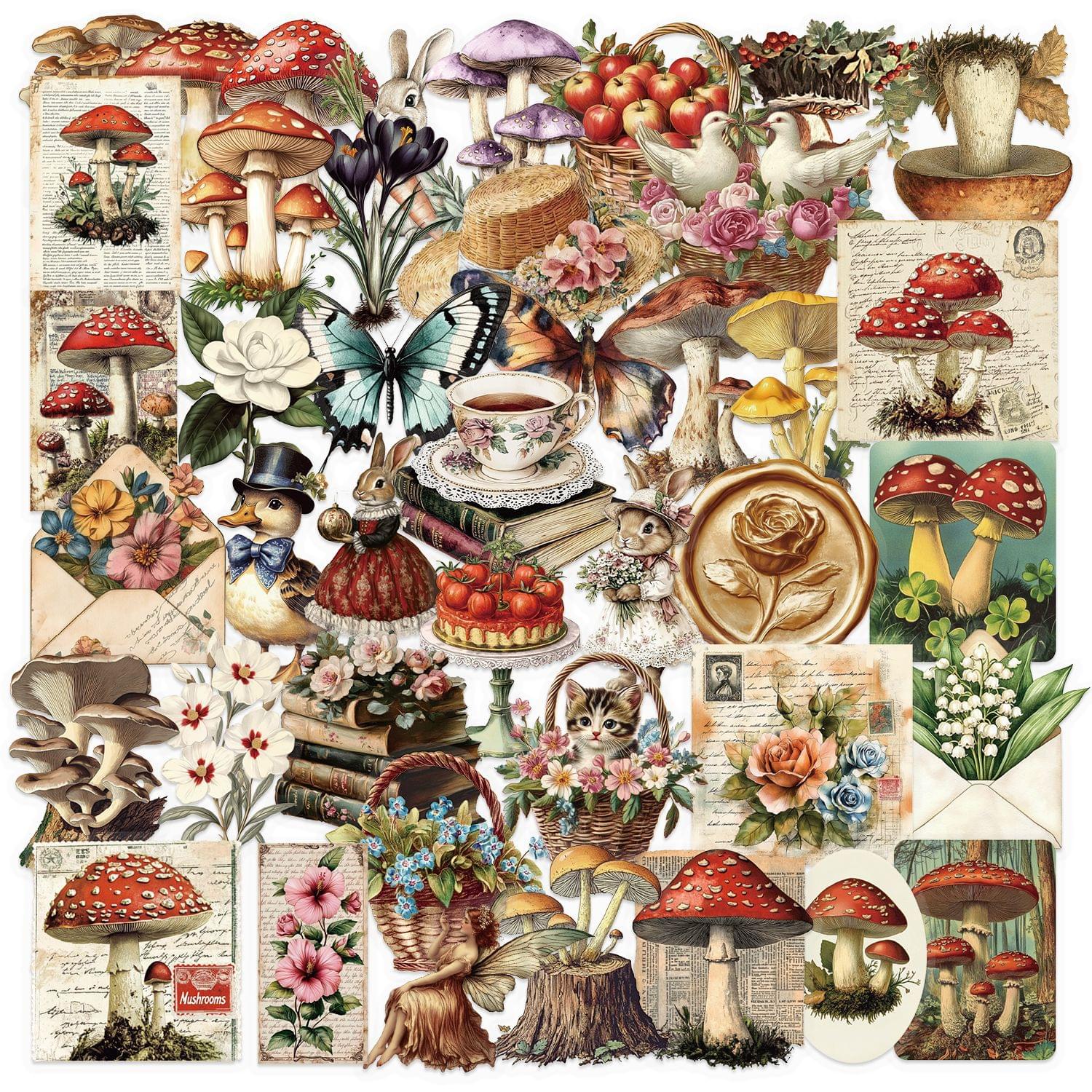 Vintage Mushroom Theme Stickers 50pcs
